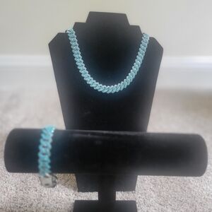 18K White Gold Plated 20" 14 mm Blue Ice Cuban Link Chain with 14mm 8" Bracelet